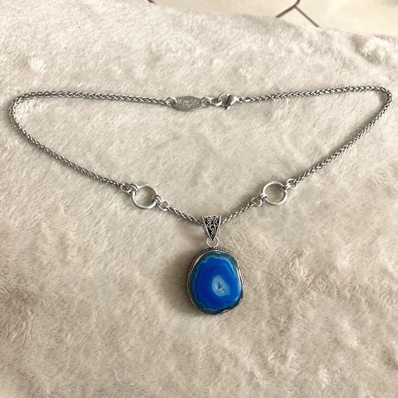 925 sterling silver overlay blue agate slice gemstone charm boho necklace . - Picture 12 of 13